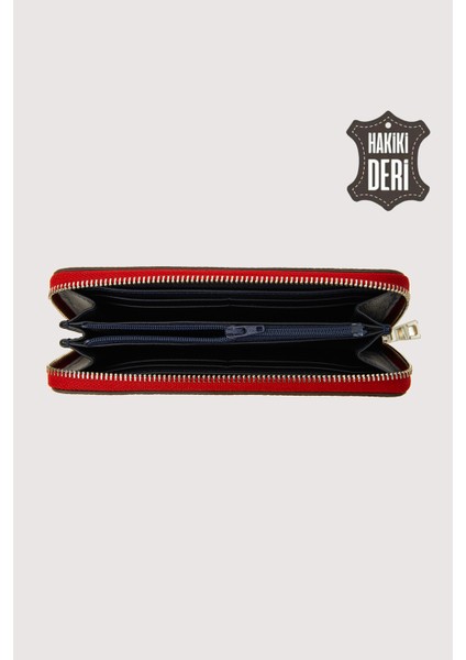 Hakiki Deri Kadın Büyük Boy Fermuarlı Cüzdan Kırmızı SMR5108