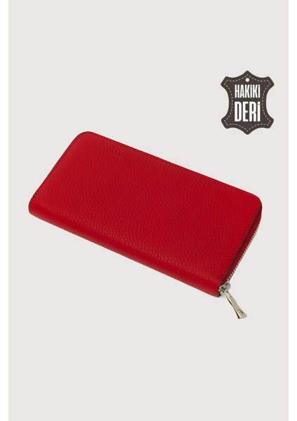 Hakiki Deri Kadın Büyük Boy Fermuarlı Cüzdan Kırmızı SMR5108