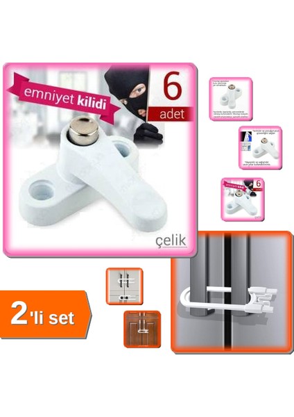 Çocuk Güvenlik Kilidi Slide Model + 6 Adet Çelik Pvc Kapı - Pencere Emniyet Kilidi - 2li Set - HSF3W