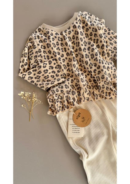 Desenli Uzun Kollu T-Shırt Takım 1-8 Yaş Bej