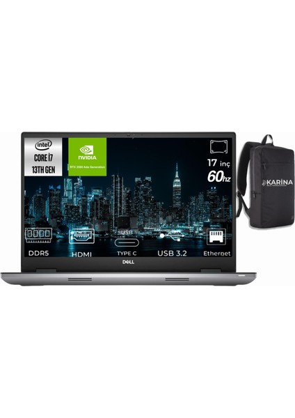 Precision M7780 I7-13850HX XCTOP7780EMEA_VP-1-K25 64GB 2tb+2tb RTX3500 Ada 12GB W11PRO 17" Fhd 60Hz Dizüstü Bilgisayar