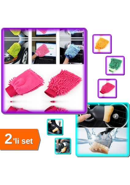 Mikrofiber Temizlik Eldiveni + Mini Araç Içi Temizlik Fırçası - 2li Set I6ULCG