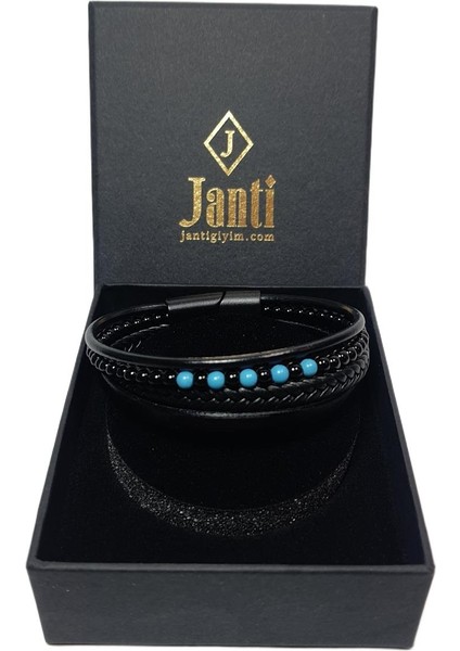 JTAW25BLK1615 Hakiki Deri Mıknatıs Kapama Onyx ve Turkuaz Doğaltaş Siyah Garantili Hediye Kutulu Janti Bileklik