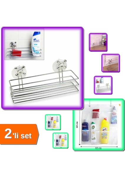 Çok Amaçlı Dörtgen Vantuzlu Banyo Organizeri + 8 Cepli Askılı Mutfak Banyo Düzenleyici - 2li Set Dqncha