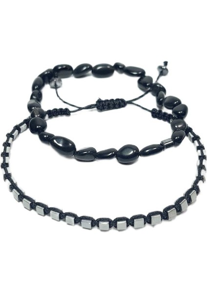 JTAW25BLK1641 Onyx Doğaltaş Esnek ve Hematit Doğaltaş Ipli Siyah Gri Garantili Hediye Kutulu Janti Bileklik
