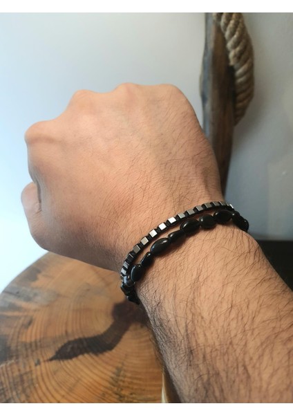 JTAW25BLK1641 Onyx Doğaltaş Esnek ve Hematit Doğaltaş Ipli Siyah Gri Garantili Hediye Kutulu Janti Bileklik modelleri