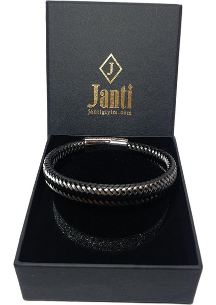 JTAW25BLK1614 Paslanmaz Çelik ve Hakiki Deri Mıknatıs Kapama Siyah Garantili Hediye Kutulu Janti Bileklik