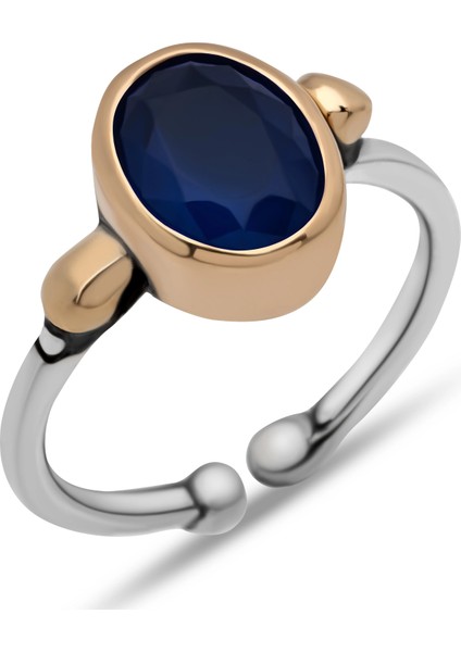 Gümüş Lacivert Taşlı Ayarlanabilir Otantik Kadın Yüzük