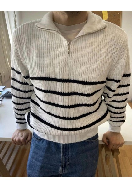 Siyah Beyaz Çizgili Yarım Fermuarlı Selanik Kumaş Triko Kazak modelleri