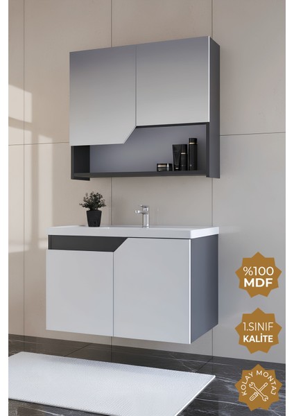 Napoli 80 cm Mdf Banyo Dolabı Seti Antrasit-Beyaz