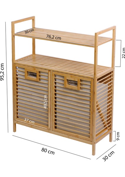 Bambu 2'li Kirli Sepetli 2 Raflı Çok Amaçlı Banyo Düzenleyici Çamaşır Sepeti DB-0040
