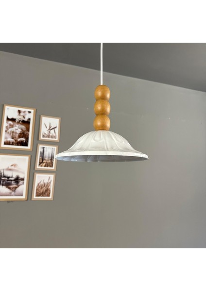 Ralivo Beyaz Metal Avize Tekli Ahşap Üç Boncuk Başlık Mutfak Modern Dekoratif Sarkıt Aydınlatma