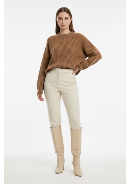 Ekstra Oversize Düşük Kollu Selanik Örgü Camel Kazak fiyatları