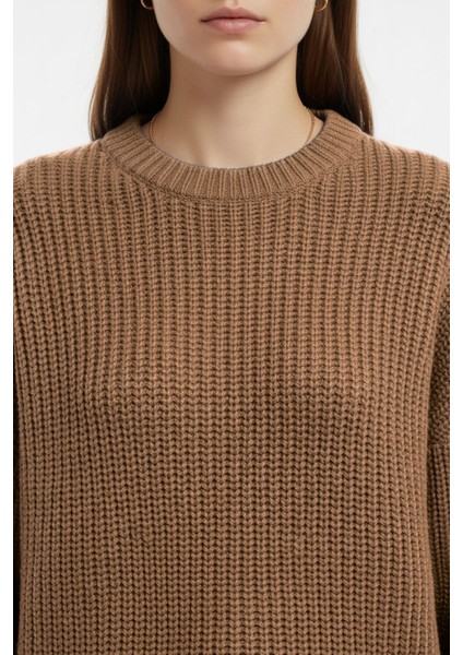 Ekstra Oversize Düşük Kollu Selanik Örgü Camel Kazak indirimleri