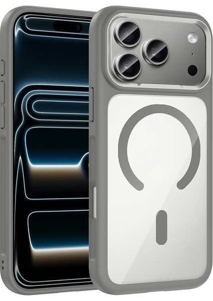 iPhone 17 Pro Max Kılıf M-Safe Şarj Özellikli Metal Kamera Çerçeveli Mkst Tiko Kapak - Gri