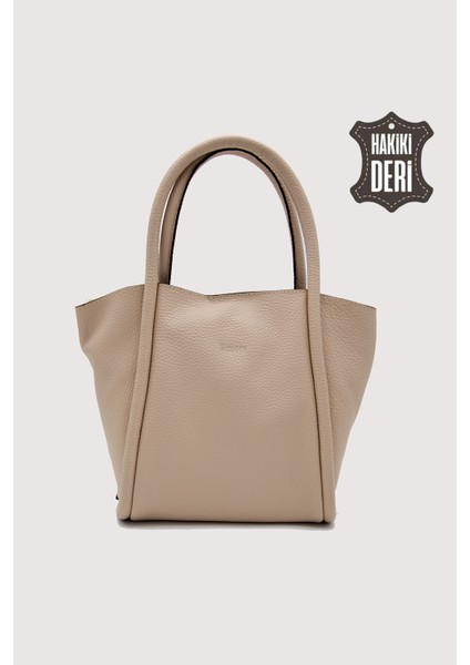 Hakiki Deri Kadın Organizerlı El Çantası Vizon SMR9206
