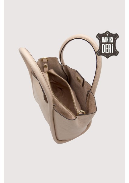Hakiki Deri Kadın Organizerlı El Çantası Vizon SMR9206