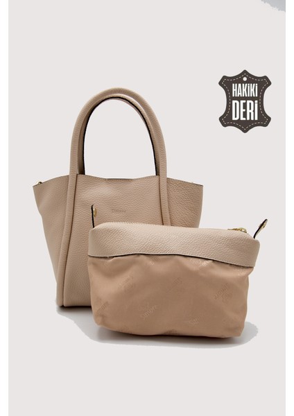Hakiki Deri Kadın Organizerlı El Çantası Vizon SMR9206