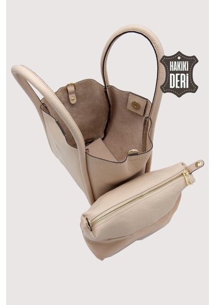 Hakiki Deri Kadın Organizerlı El Çantası Vizon SMR9206