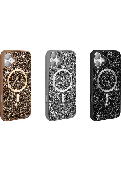 iPhone 17 Kılıf Pırlanta Tasarımlı M-Safe Şarj Özellikli Mkst Mozaik Silikon Kapak - Siyah