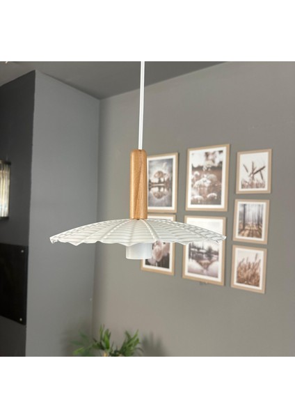 Moriva Beyaz Metal Avize Ahşap Başlık Tekli Rustik Cafe Modern Sarkıt Aydınlatma