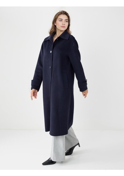 Lacivert Loose Gömlek Yaka Dokuma Kaban