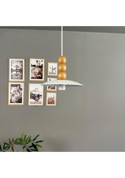 Avola Beyaz Metal Avize Tekli Ahşap Üç Boncuk Başlık Mutfak Modern Dekoratif Sarkıt Aydınlatma