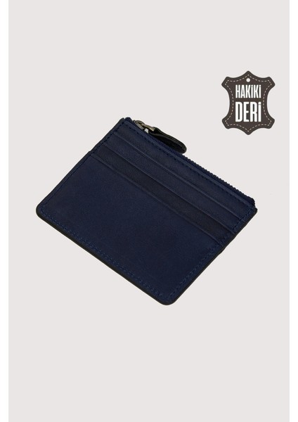 Fermuarlı Hakiki Deri Kartlıklı Cüzdan Lacivert SMR9047
