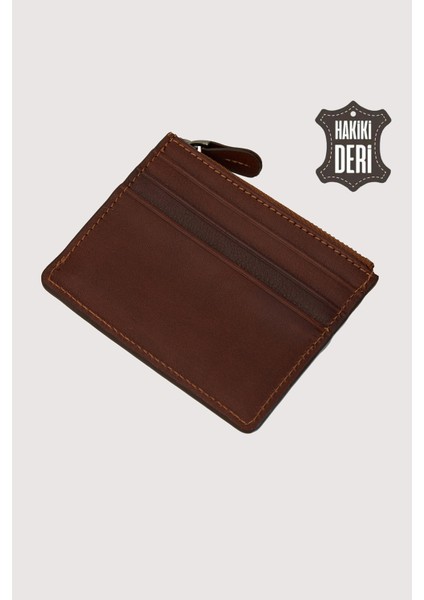 Fermuarlı Hakiki Deri Kartlıklı Cüzdan Taba SMR9047