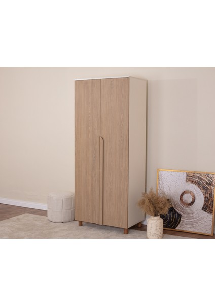 İtra 2 Kapaklı Gardırop – Krem Gövde, Meşe MDFLAM Kapak