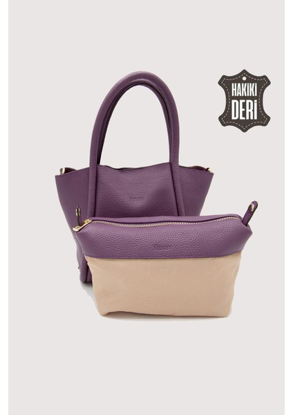 Hakiki Deri Kadın Organizerlı El Çantası Mürdüm SMR9206