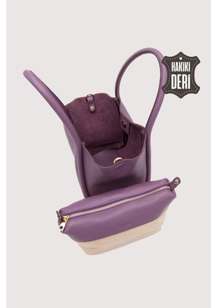 Hakiki Deri Kadın Organizerlı El Çantası Mürdüm SMR9206