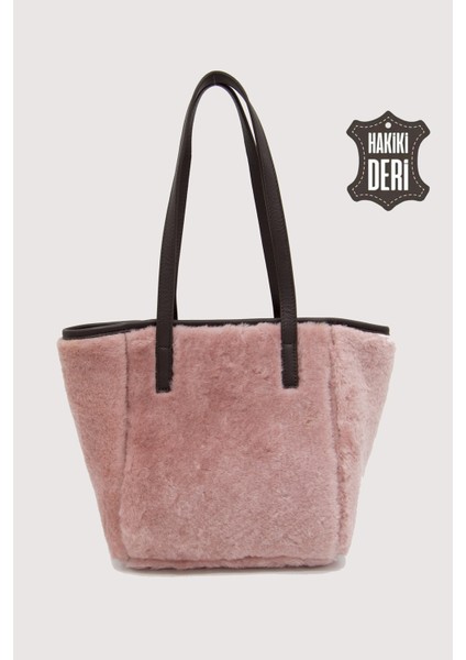 Hakiki Deri Kürklü Kadın El Çantası Pudra SMR9152