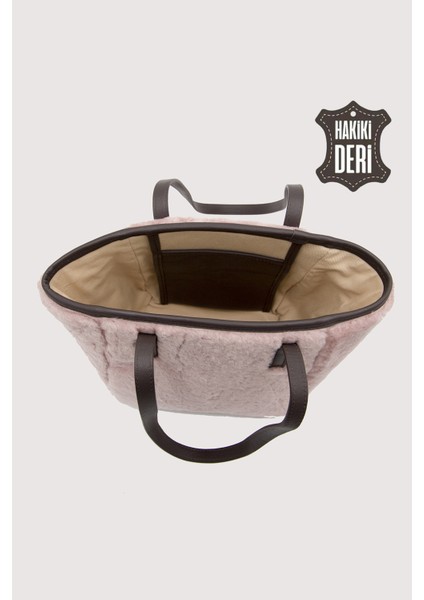 Hakiki Deri Kürklü Kadın El Çantası Pudra SMR9152 fırsatları
