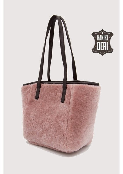 Hakiki Deri Kürklü Kadın El Çantası Pudra SMR9152
