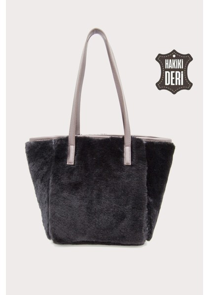 Hakiki Deri Kürklü Kadın El Çantası Siyah SMR9152