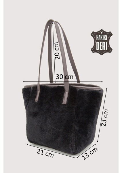 Hakiki Deri Kürklü Kadın El Çantası Siyah SMR9152 fiyatları