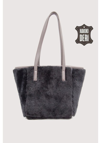 Hakiki Deri Kürklü Kadın El Çantası Siyah SMR9152 modelleri