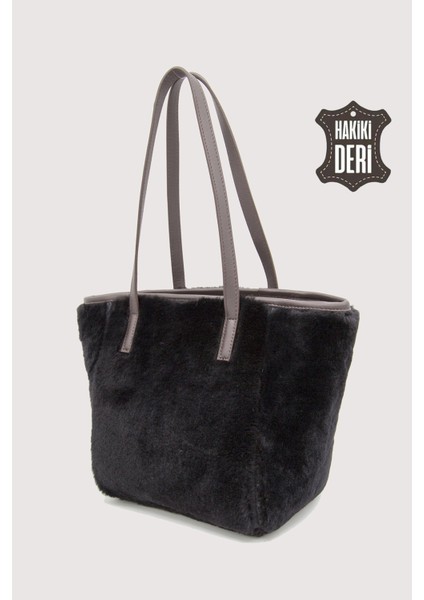 Hakiki Deri Kürklü Kadın El Çantası Siyah SMR9152