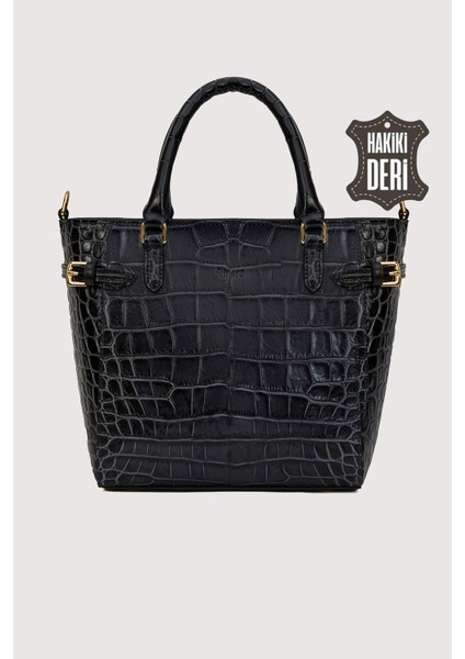 Hakiki Deri Kadın El Çantası Siyah Kroko SMR7922