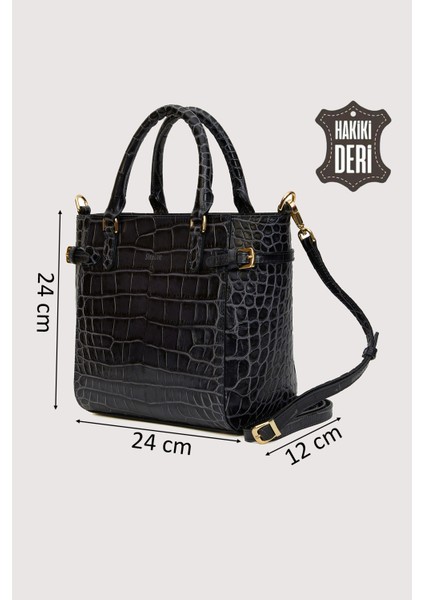 Hakiki Deri Kadın El Çantası Siyah Kroko SMR7922 fiyatları
