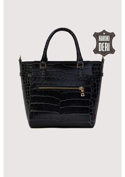 Hakiki Deri Kadın El Çantası Siyah Kroko SMR7922 modelleri