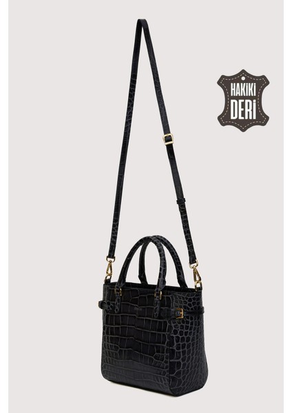 Hakiki Deri Kadın El Çantası Siyah Kroko SMR7922 fırsatları