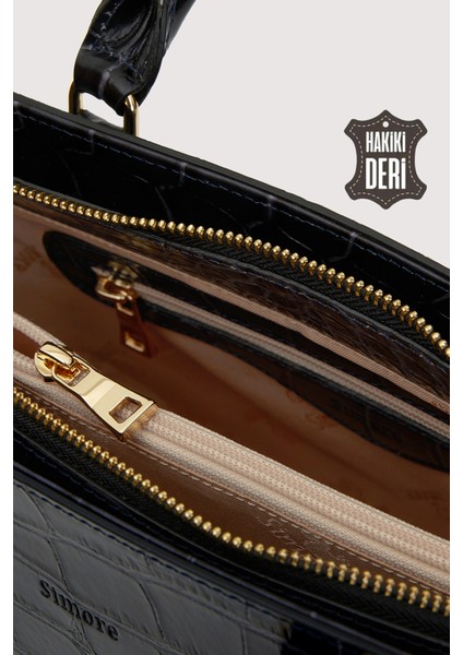 Hakiki Deri Kadın El Çantası Siyah Kroko SMR7922 indirimleri