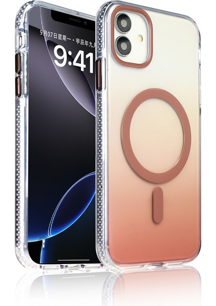 iPhone 11 Kılıf M-Safe Şarj Özellikli Transparan Renk Geçişli Mkst Toros Kapak - Rose Gold