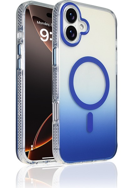 iPhone 16 Kılıf M-Safe Şarj Özellikli Transparan Renk Geçişli Mkst Toros Kapak - Mavi