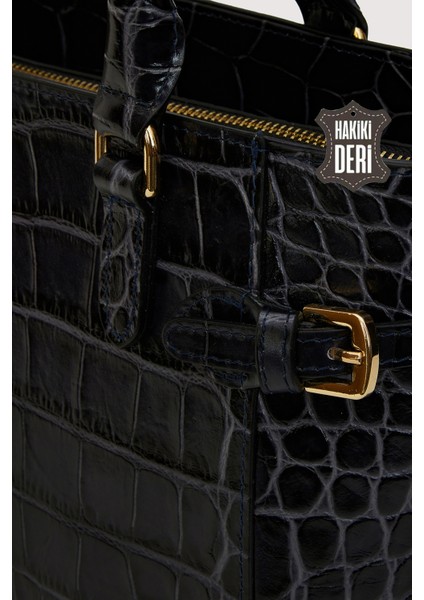 Hakiki Deri Kadın El Çantası Siyah Kroko SMR7922