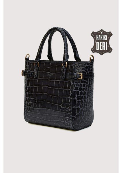 Hakiki Deri Kadın El Çantası Siyah Kroko SMR7922