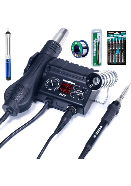 WH-882D Dijital Sıcak Hava Üflemeli Isı Ayarlı Havya Lehim Istasyonu Seti ,10 Lu Havya Ucu , Lehim Pompası,cımbız,lehim Teli