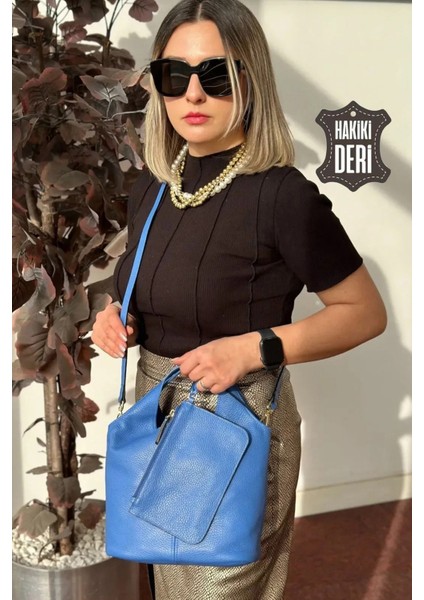 Hakiki Deri Kadın El Çantası Mavi SMR9200